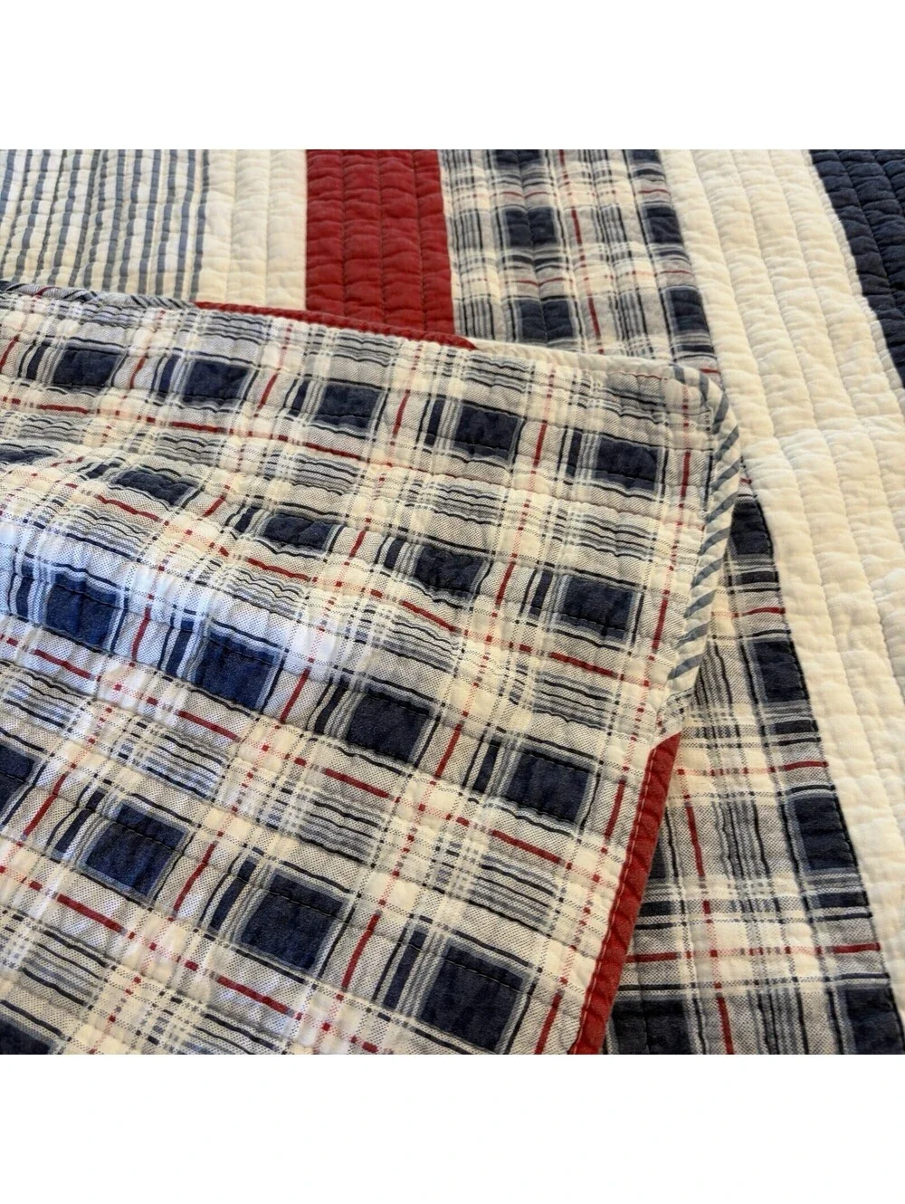 Cotton Quilt Twin Red White Blue Stripe And Plaid Comfy And Preowned Well Loved